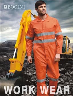 Unisex adults' hi-vis orange cotton drill overall with reflective tape, featuring a worker in an industrial setting.