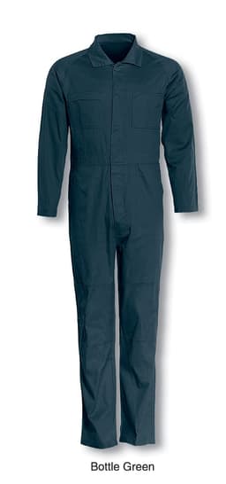 Bottle green unisex cotton drill long-sleeve overall with a collar and front zip. Features a logo on the fabric.
