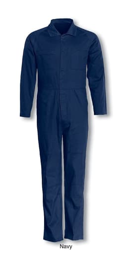 A navy unisex cotton drill long-sleeve overall with a collar and a logo. Suitable for work uniforms.