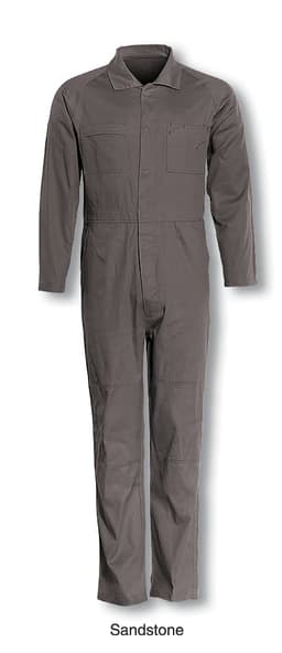 A unisex adults cotton drill long sleeve overall in sandstone colour, featuring a logo. Suitable for uniforms and workwear.