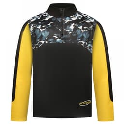 A pullover jumper featuring a floral camo pattern in black, with yellow sleeves and a half zip design.