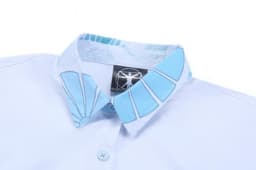 A light blue shirt featuring a patterned collar and a logo.
