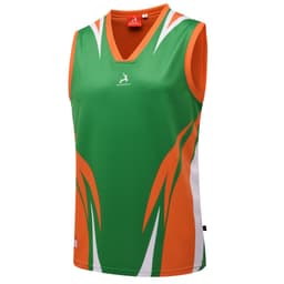 A reversible singlet featuring a green base with orange accents and white detailing. It has a logo on the front.
