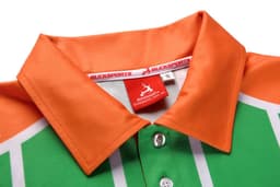 A green and orange badminton club uniform featuring a polo design and a tag with a logo.