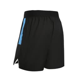 Black shorts featuring blue accents on the sides and a stretchy waistband. Includes a logo on the design.