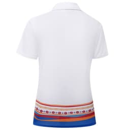 A white polo shirt with a colourful patterned design along the hem, featuring red, orange, and blue stripes.
