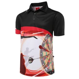 A black and red polo shirt with a dartboard graphic and a darts theme, featuring a logo on the chest.