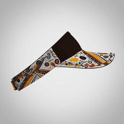 A sublimated hat featuring a vibrant design with orange, black, and white patterns. It has a logo on the side.