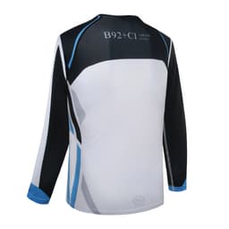 A long-sleeved swimwear top in white, black, and blue, featuring a logo on the back.