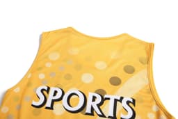 A yellow sports singlet featuring a dotted pattern and a logo, with "SPORTS" prominently displayed on the back.