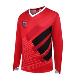 A vibrant red long-sleeved crew top featuring black graphics and a logo.