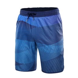 Blue sublimation beach shorts featuring a dynamic wave pattern and an adjustable waistband with drawstring.