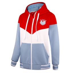 A fleece hoodie in red, white, and light blue with a front pocket and a logo on the chest.