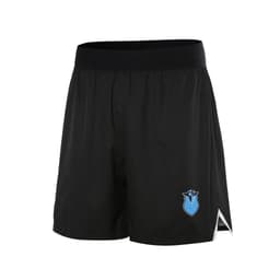 Black school wear shorts featuring a blue logo and side slits for ease of movement.