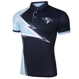 A black and light blue polo shirt with a unique geometric design and a logo.