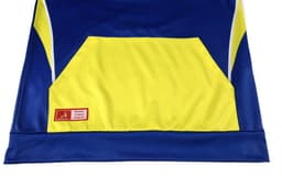 A blue and yellow kangaroo hoodie featuring a large front pocket and a logo.