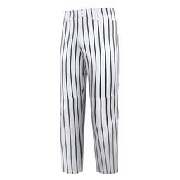 A pair of white baseball/softball pants with black vertical stripes and a logo on the waistband.
