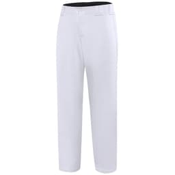 A pair of white baseball or cricket pants with a black waistband and a logo.