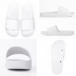 White slippers with a simple design featuring two straps and a textured sole. The image displays multiple angles.