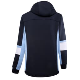 A hooded polar fleece garment in navy blue with light blue, white, and navy stripes on the sleeves.