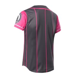 A baseball top tee featuring a dark grey body with pink accents and short sleeves. Includes a logo on the sleeve.