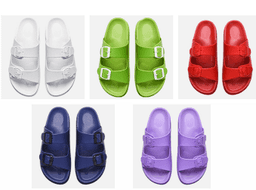 A display of sandals in white, green, red, blue, and purple, featuring buckle details. Each pair has a distinct colour.