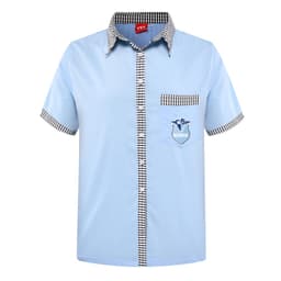 A short-sleeved blue school shirt featuring a checkered collar and pocket, with a logo on the pocket.