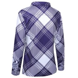 A flannel women's shirt featuring a purple and white plaid pattern, showcasing a back view with a collar.