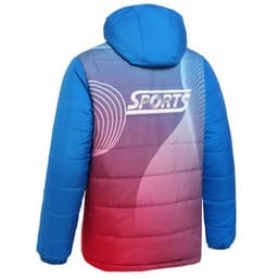 A puffer long coat in blue with a gradient design transitioning to red, featuring a logo on the back.