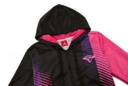 A women's hoodie jacket featuring a black and pink design with a logo on the front.