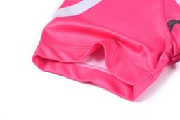 A pink women's T-shirt with contrasting detailing and a branded logo on the fabric.