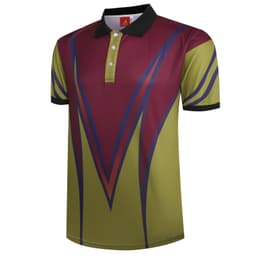 A polo shirt featuring a vibrant design with green and maroon colours, and a branded label at the collar.