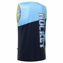 A sleeveless hockey training shirt in blue and navy, featuring large text on the back and a logo.