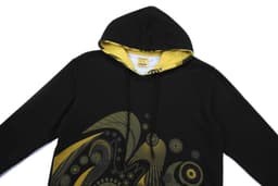 A black cotton sublimation hoodie with yellow lining and a vibrant graphic design on the front.