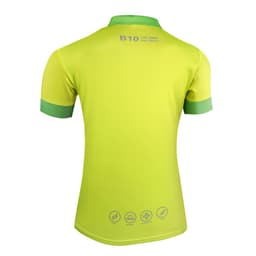 A vibrant yellow polo shirt with green accents, featuring a logo and various symbols on the back.