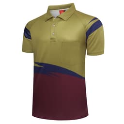 A green and maroon polo shirt featuring a pocket and a logo, with a vibrant design on the sleeves.