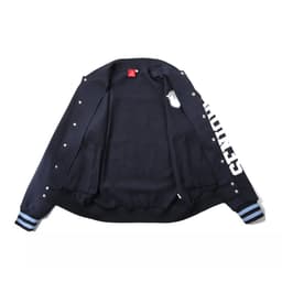 A navy baseball jacket with blue stripes and a logo on the sleeve, featuring a plain interior and pockets.