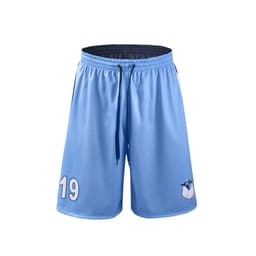 Reversible basketball shorts in light blue with a logo and a number 19 on the front.
