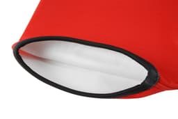 A red rugby tee with a standard fit, featuring a black hem and a white interior lining.