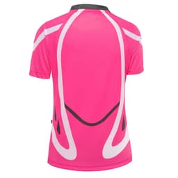 A pink women's t-shirt featuring white and black design elements and a logo on the back.