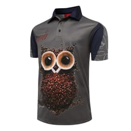 A camouflage polo shirt featuring a graphic of an owl made of coffee beans, in shades of grey and black.