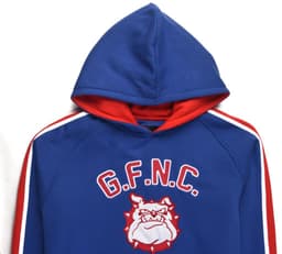 A blue and red hooded fleece sweatshirt with a logo and text on the front. The hood is prominent and the design features stripes.
