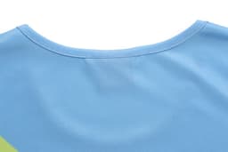 A blue shirt featuring a rounded neckline and a vibrant design, with a prominent logo at the back.