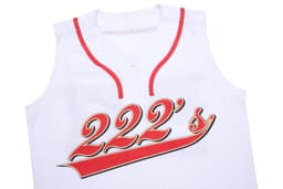 A sleeveless white baseball singlet with red accents and a logo featuring the number "222's."