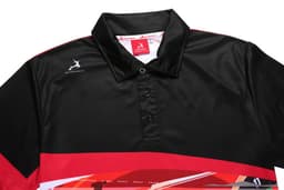 A black and red collared darts club shirt with a logo and distinctive graphic design on the front.