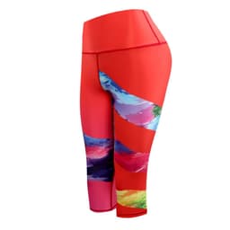 A pair of vibrant red 3/4 pants for ladies, featuring colourful wave patterns on the side and a logo.