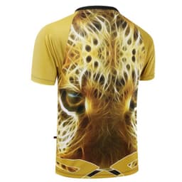 A sublimated T-shirt featuring a vibrant, gold design with an abstract pattern, showcasing a logo on the back.