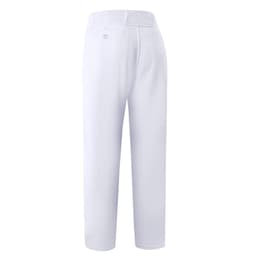 A pair of white pants designed for baseball and cricket with a back pocket and a waistband.