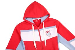 A red and light blue polar fleece hoodie with a hood and a logo on the chest area.