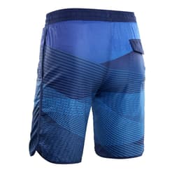 Sublimation beach shorts in varying shades of blue with a striped pattern and a back pocket.